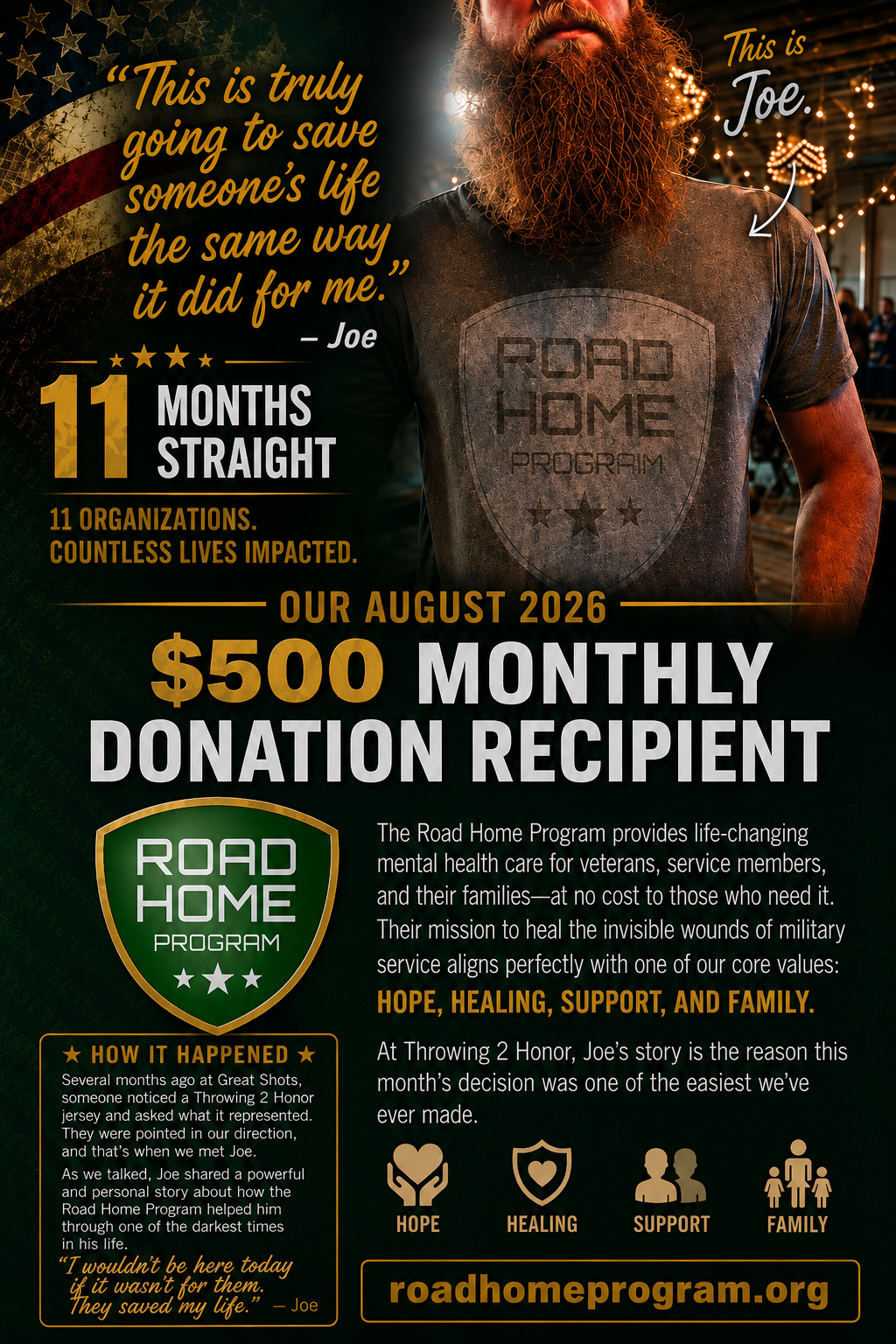 Throwing 2 Honor August 2026 Road Home Program monthly donation announcement in honor of Joe